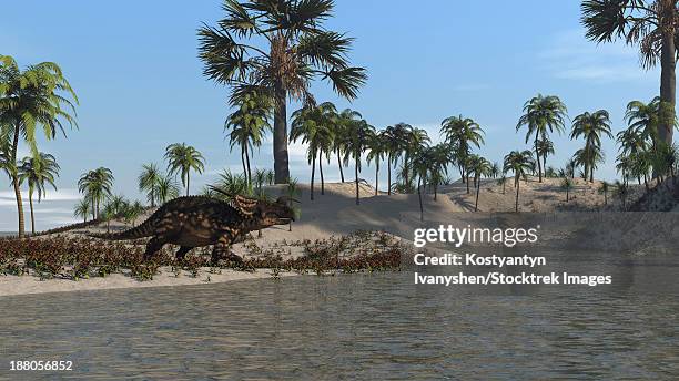 brown einiosaurus walking along the water's edge. - einiosaurus stock illustrations