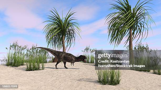 majungasaurus in a tropical environment. - beach run stock illustrations