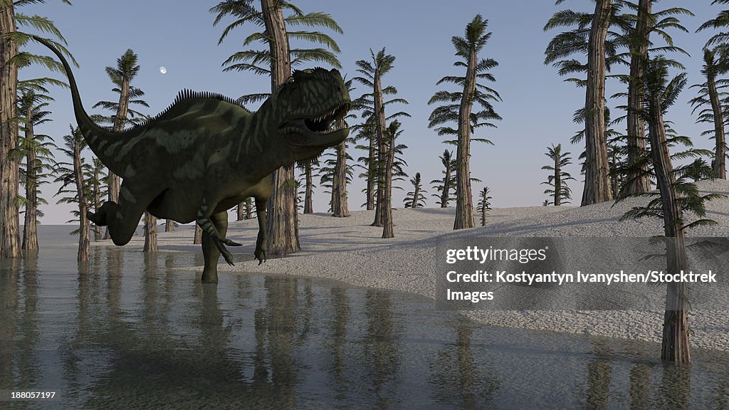 Yangchuanosaurus running through water.