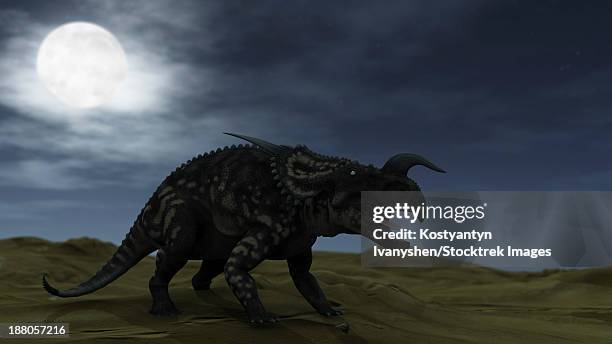 brown einiosaurus walking across a barren landscape. - einiosaurus stock illustrations