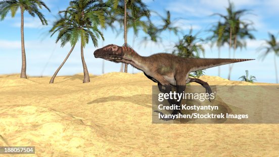 Utahraptor running across a barren landscape. Utahraptor running across a barren landscape.