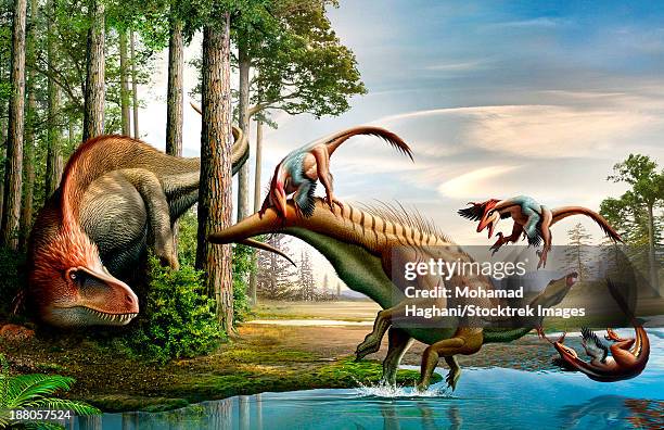 ilustraciones, imágenes clip art, dibujos animados e iconos de stock de a cretaceous acrocanthosaurus observing a tenontosaurus being attacked by a group of deinonychus. - velociraptor