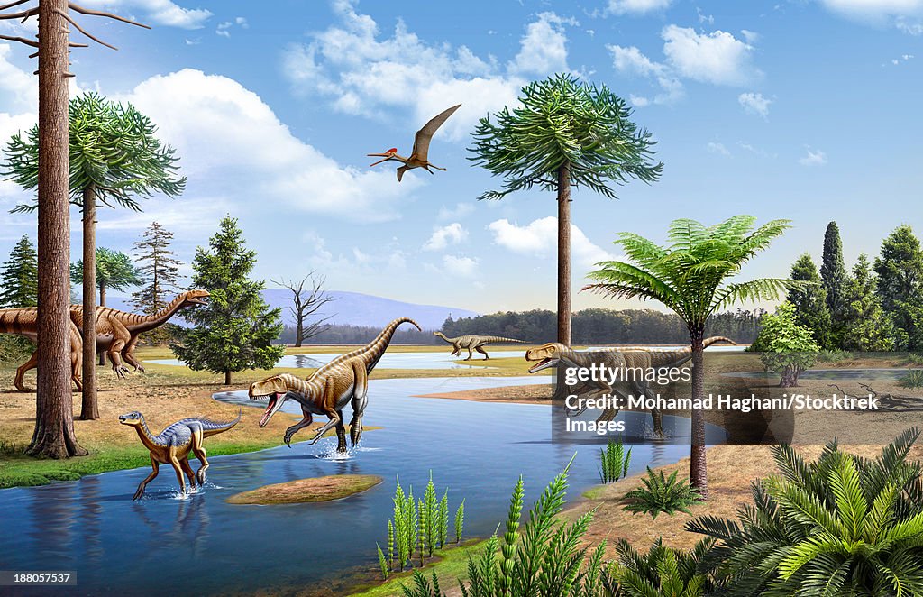 Two Herrerasaurus chasing a Silesaurus down a stream in the Triassic period. Two Plateosaurus are in the background.