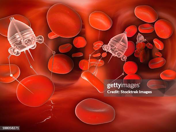 medical nanobots in the bloodstream with red blood cells. - nanobot stock-grafiken, -clipart, -cartoons und -symbole