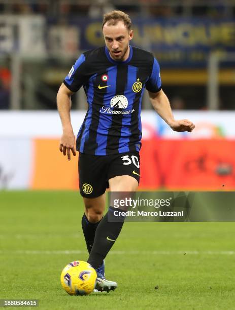 Carlos Augusto of FC Internazionale in action during the Serie A TIM match between FC Internazionale and US Lecce at Stadio Giuseppe Meazza on...