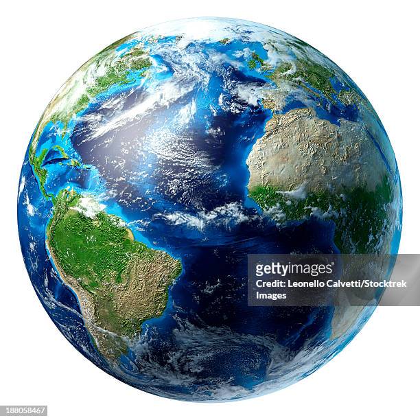 3d rendering of planet earth with clouds. centered on the atlantic ocean, with the americas, africa and europe partially visible. - equator stock-grafiken, -clipart, -cartoons und -symbole