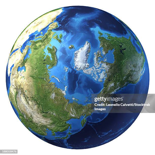 illustrations, cliparts, dessins animés et icônes de 3d rendering of planet earth with clouds, centered on the north pole with north america and asia partially visible. - hémisphère nord