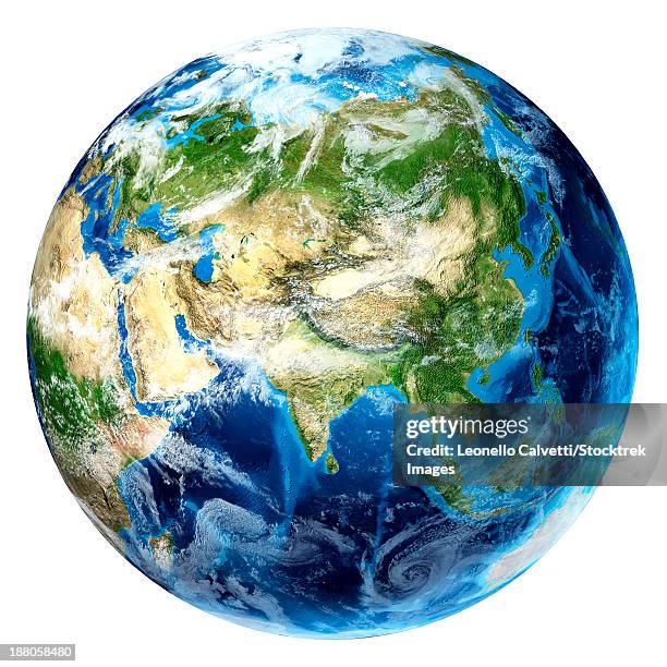 stockillustraties, clipart, cartoons en iconen met 3d rendering of planet earth with clouds, centered on asia. - arabian peninsula