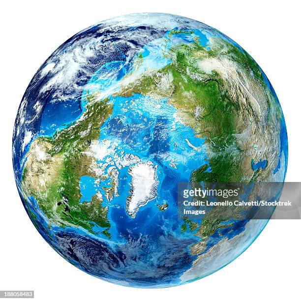 ilustraciones, imágenes clip art, dibujos animados e iconos de stock de 3d rendering of planet earth with clouds, arctic view centered on north pole. - north pole