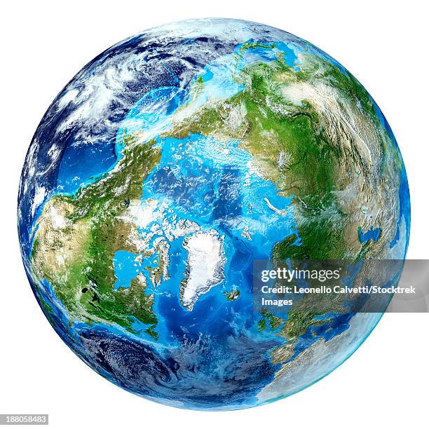 3d rendering of planet earth with clouds, arctic view centered on north pole. - satellite view europe stock illustrations