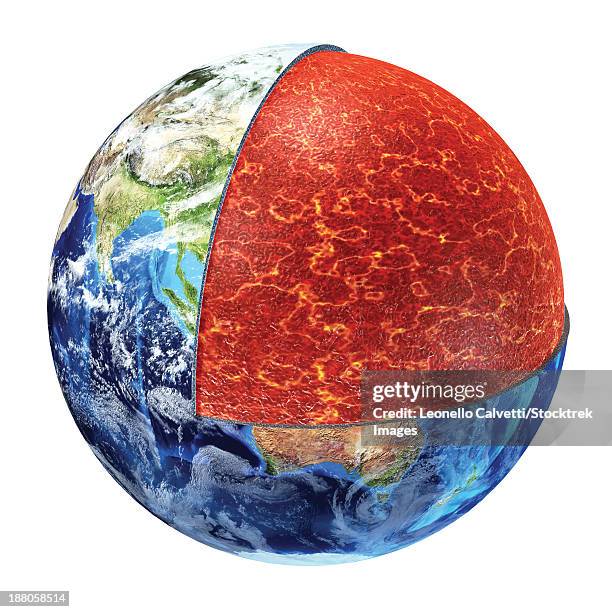 stockillustraties, clipart, cartoons en iconen met cross section of planet earth showing the upper mantle, made by magnesium, iron, aluminum, silicon and oxygen. temperature 700 - 1300ãæã¢â¬å¡ãâãâ¡ celsius. - lava