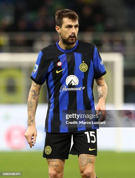 Francesco Acerbi of FC Internazionale looks on during the Serie A TIM match between FC Internazionale and US Lecce at Stadio Giuseppe Meazza on...
