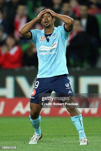 Nick Carle of Sydney reacts after missing a shot on goal during the round six A-League match between the Melbourne Heart and Sydney FC at AAMI Park...