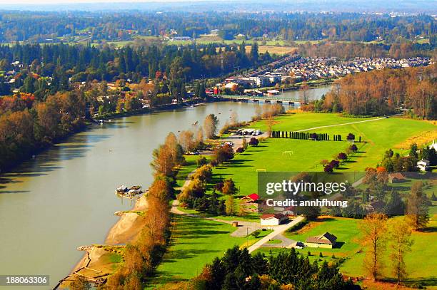 bird's eye view of the fraser valley - langley city stock pictures, royalty-free photos & images