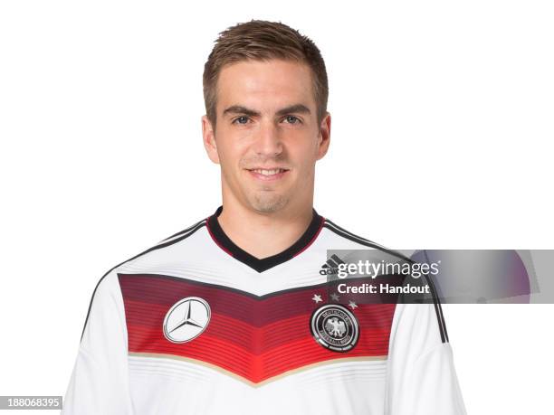 In this handout image provided by the DFBPhilipp Lahm poses during the German National Team presentation on November 15, 2013 in Germany.