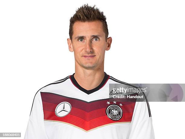 In this handout image provided by the DFB, Miroslav Klose poses during the German National Team presentation on November 15, 2013 in Germany.