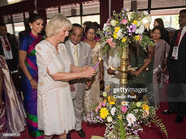 Camilla, Duchess of Cornwall visits the Colombo Public Library on November 15, 2013 in Colombo, Sri Lanka. This visit by The Duchess of Cornwall will...