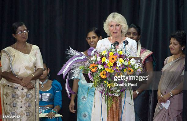 Camilla, Duchess of Cornwall visits the Colombo Public Library on November 15, 2013 in Colombo, Sri Lanka. This visit by The Duchess of Cornwall will...