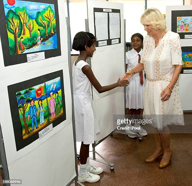 Camilla, Duchess of Cornwall visits the Colombo Public Library on November 15, 2013 in Colombo, Sri Lanka. This visit by The Duchess of Cornwall will...