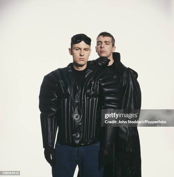 Singer Neil Tennant and keyboard player Chris Lowe of English electronic dance music duo the Pet Shop Boys, circa 1989.