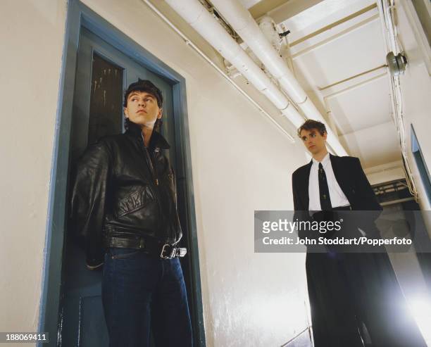 Singer Neil Tennant and keyboard player Chris Lowe of English electronic dance music duo the Pet Shop Boys, circa 1985.