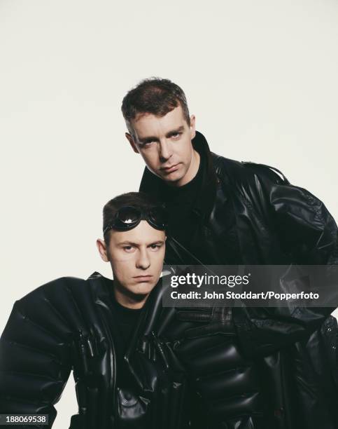 Singer Neil Tennant and keyboard player Chris Lowe of English electronic dance music duo the Pet Shop Boys, circa 1989.