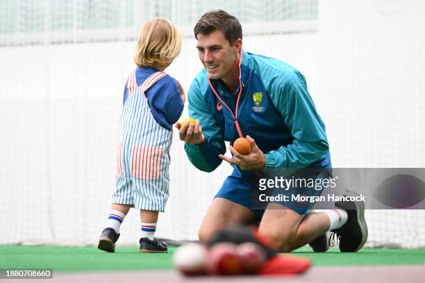 Pat Cummins of Australia reacts during an Australian Test squad nets session at Melbourne Cricket Ground on December 25, 2023 in Melbourne, Australia.