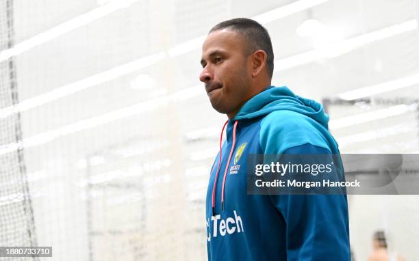 Usman Khawaja reacts during an Australian Test squad nets session at Melbourne Cricket Ground on December 25, 2023 in Melbourne, Australia.