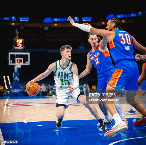 Drew Peterson of the Maine Celtics handles the ball during a game against the Oklahoma City Blue on December 27, 2023 at the Paycom Center in...