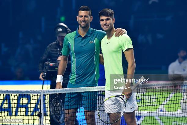 Serbia's Novak Djokovic and Spain's Carlos Alcaraz Riyadh pose for a picture ahead of their Riyadh Season Tennis Cup exhibition tournament match in...