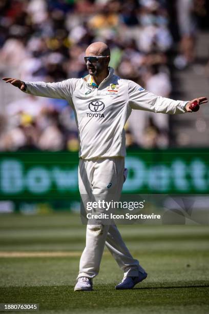 Nathan Lyon of Australia adjusts the field during Day 2 of the Boxing Day Test - Day 2 match between Australia and Pakistan at the Melbourne Cricket...