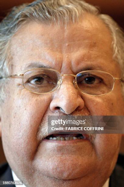 Iraqi President Jalal Talabani delivers a speech 29 June 2007 before a Meeting of the Council of the Socialist International in Geneva.