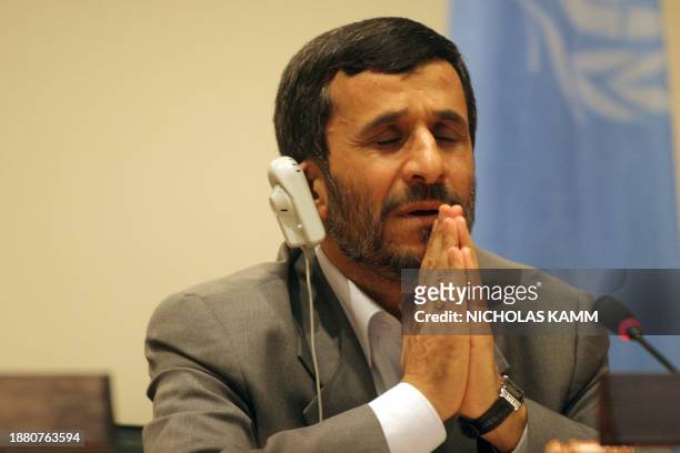 Iranian President Mahmoud Ahmadinejad speaks during a press conference at United Nations headquarters 25 September 2007 after his address to the...
