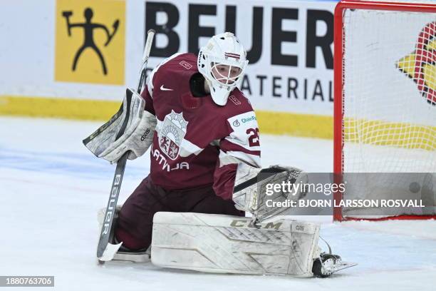 Latvia's goalkeeper Linards Feldbergs is pictured during the Group A ice hockey match between Latvia and Canada of the IIHF World Junior Championship...