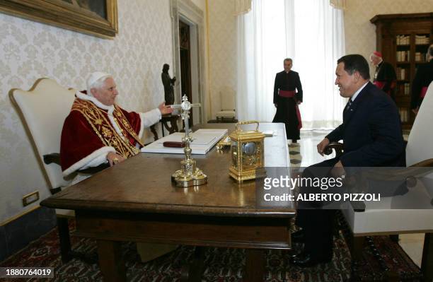 Pope Benedict XVI meets Venezuelan President Hugo Chavez during a private audience at the Vatican, 11 May 2006. Venezuelan President Hugo Chavez...