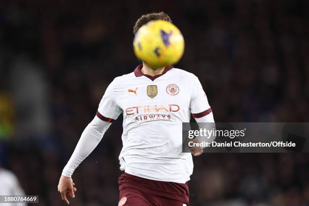 John Stones of Manchester City during the Premier League match between Everton FC and Manchester City at Goodison Park on December 27, 2023 in...