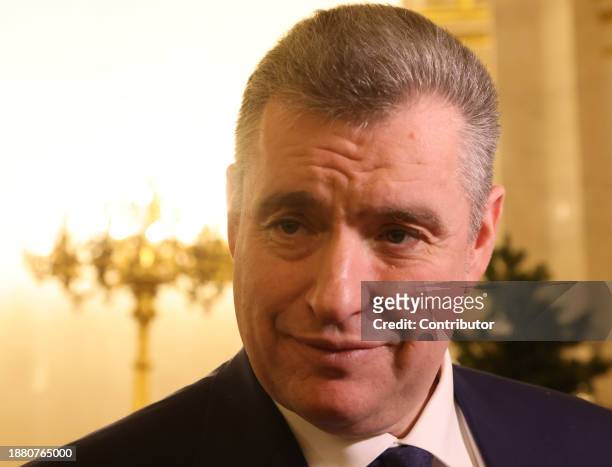 Russian politician, leader of the LDPR Party Leonid Slutsky smiles during the State Council at the Grand Kremlin Palace on December 27 in Moscow,...