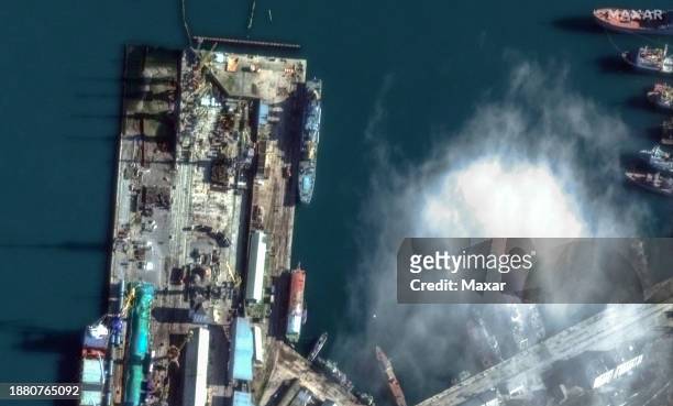 Maxar 'BEFORE" satellite imagery of the reported attack on a Russian Ropucha-class landing ship at the eastern Crimean port of Feodosia. Please use:...
