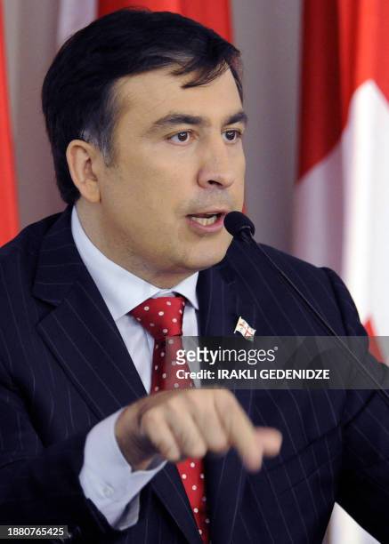 Georgian President Mikheil Saakashvili speaks during a news briefing in Tbilisi, on October 27, 2008. Saakashvili, damaged by a failed war with...