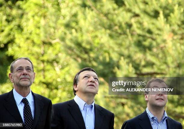 Foreign policy chief Javier Solana, EU commission chief Jose Manuel Barroso and Russian President Dmitry Medvedev enjoy nature at the Irtysh river...