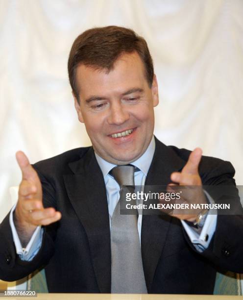 Russian President Dmitry Medvedev gestures during a meeting with Council of Europe Secretary General Terry Davis at the Kremlin in Moscow on July 1,...