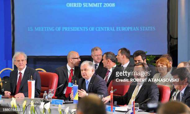 Front row Hungarian President Laszlo Solyom, Polish President Lech Kaczynski, Bosnia and Hercegovina President Haris Silajdzic, and Albanian...