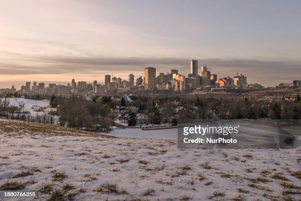 General view of downtown Edmonton, on December 22 in Edmonton, Alberta, Canada. Edmonton braces for its first snowless Christmas since 2005, joining...