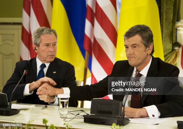 Ukrainian President Viktor Yushchenko gives a joint press conference with US President George W. Bush following a meeting on April 01, 2008 at the...