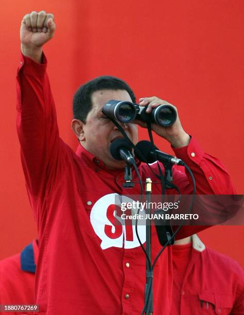 Venezuelan president Hugo Chavez watchs through binoculars in a rally to support the constitutional amendments promoted by him, in Caracas, 30...