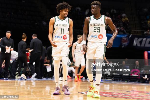 Stephen Thompson of the Wisconsin Herd with Alex Antetokounmpo during the game against the Long Island Nets on December 27, 2023 at Nassau Coliseum...
