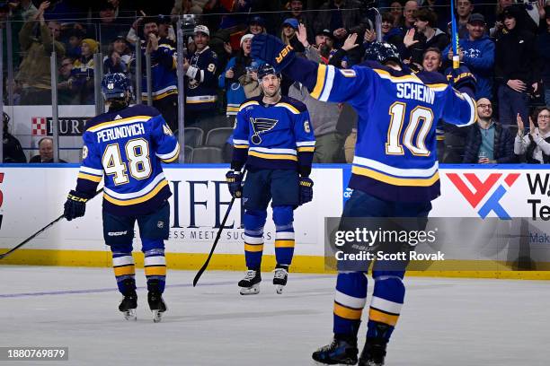 Marco Scandella of the St. Louis Blues reacts after scoring a goal against the Dallas Stars on December 27, 2023 at the Enterprise Center in St....