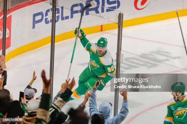 Marcus Johansson of the Minnesota Wild celebrates his goal against the Detroit Red Wings during the game at the Xcel Energy Center on December 27,...