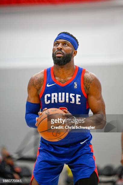 David Nwaba of the Motor City Cruise shoots a free throw during the second quarter of the game between the Motor City Cruise and the Windy City Bulls...