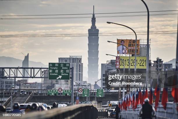 Campaign poster for Chang Hung-lu, a legislative member candidate for the Democratic Progressive Party , near the Taipei 101 building in Taipei,...